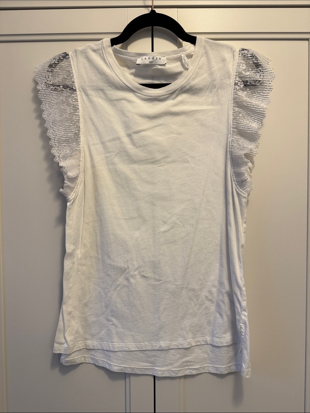 Women’s Sandro white cotton shirt tshirt with lace sleeves Medium